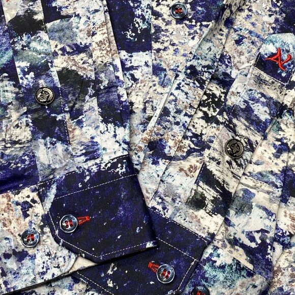 Au Noir Men’s Magnani Woven Stretch Button-Down Shirt – Indigo Abstract - Picture 3 of 10